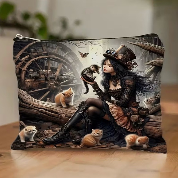Gothic Style Cat & Steampunk Witch Design Makeup Bag New - Picture 1 of 6